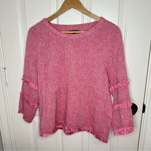 BNWT For Cynthia Pink Linen Cotton Blend Frill Long Sleeve Blouse Sz PL Boho